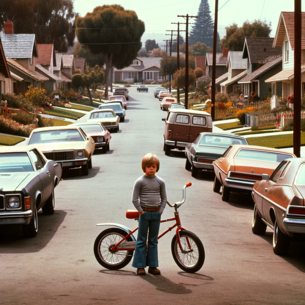 Click image for larger version

Name:	DALL·E 2024-01-08 08.25.02 - A 1970s American middle-class street scene, with a little boy standing alone beside his bike, looking sad and dejected. The street is lined with typic.png
Views:	133
Size:	1.59 MB
ID:	16257213